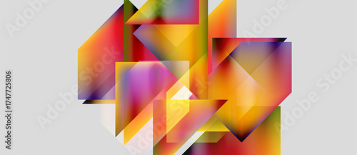 Abstract geometric shapes overlap, creating vibrant color gradients. Composition feels dynamic, modern, visually complex.