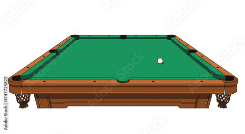 A close up of a green pool table with a white ball and red markings.