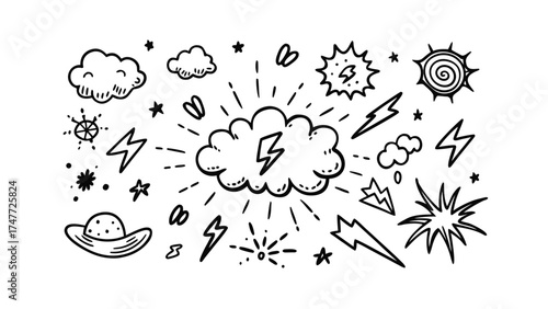 Hand Drawn Doodle Elements Clouds Lightning Stars Hat Keywords: doodle, hand drawn, illustration, cloud, lightning, star, sunburst, hat, swirl
