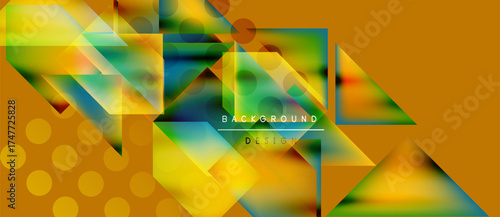 Abstract geometric shapes, vibrant colors, modern design. Yellow, green, orange hues create dynamic composition. Background features dots, triangles, squares.