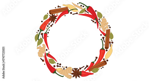 A festive circular arrangement of various aromatic spices and herbs creating a decorative border.