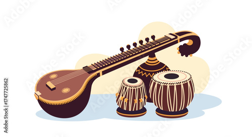 An illustration of Indian classical musical instruments.