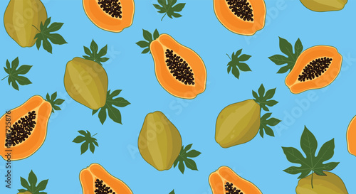 Fresh papaya fruit and leaves pattern on a blue background.
