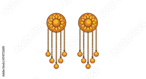 Beautiful ornate gold dangle earrings with intricate bead detailing.