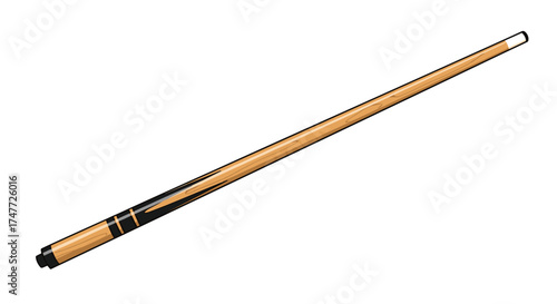 A single pool cue stick with a wooden shaft and black and gold accents at the butt.