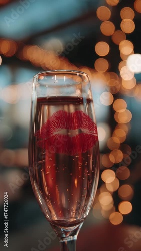 A champagne glass with a lipstick mark creates a warm, festive vibe on the table