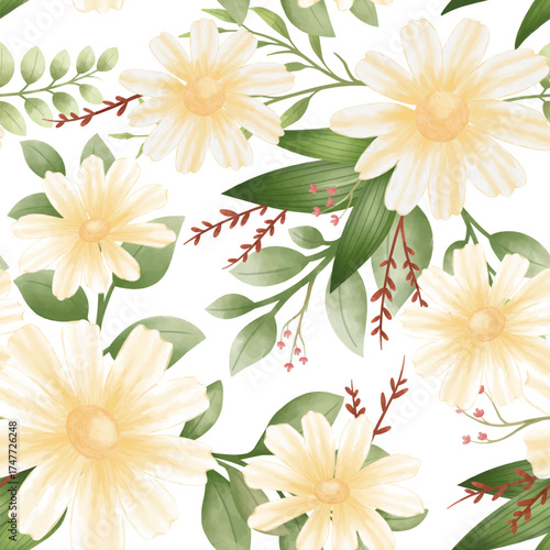 Daisy flower watercolor vector illustration seamless pattern. Wedding invitation, print, sublimation, mug, tumbler
