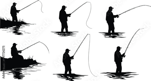 Silhouette of fisherman fishing in river water, angler catching fish, outdoor recreation, hobby lifestyle, nature sport and adventure concept
