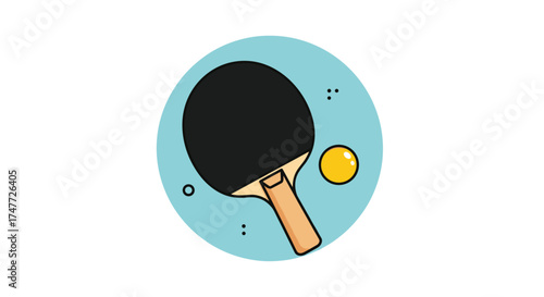 A simple illustration of a ping pong paddle and ball on a blue background with small dots.