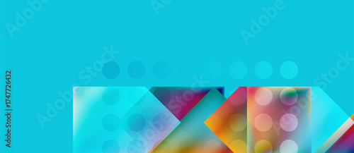 Abstract geometric shapes, vibrant colors, turquoise background. Circles, squares, triangles overlap creating dynamic composition. Modern design.