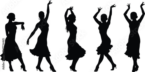 Female dancer silhouette performing elegant dance poses, flamenco woman vector illustration, graceful movement art, stage performance design, black white style