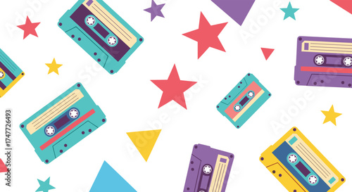 A colorful retro pattern of vintage cassette tapes and geometric shapes.