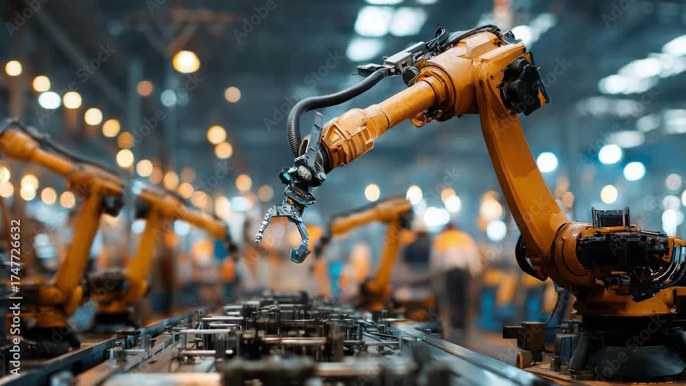 Industrial robotic arms welding metal parts on an assembly line in a ...