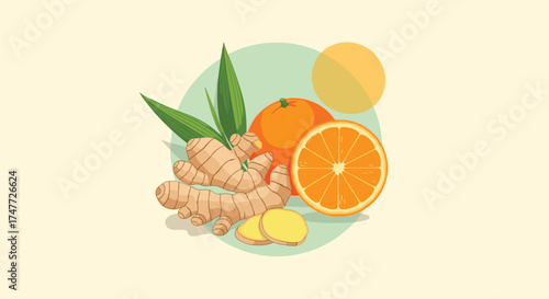 A vibrant illustration of fresh ginger root and sliced oranges emphasizing their health benefits.