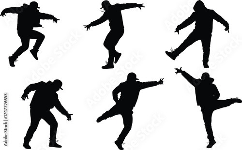 Silhouette of hip hop dancer performing street dance moves, urban style, breakdancing action, modern choreography, youth culture, energetic motion illustration