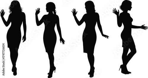 Elegant woman silhouette waving hand, stylish female figure in dress and heels, graceful standing poses, fashion illustration concept design