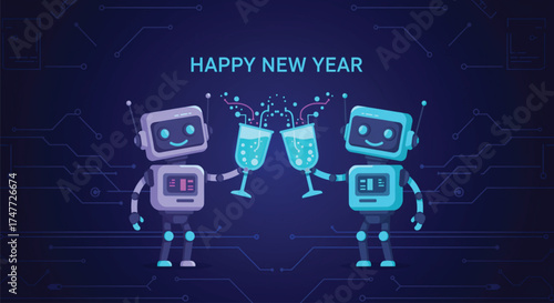 Two adorable robots joyfully celebrate the New Year, raising champagne glasses in a toast against a futuristic blue backdrop. Happy New Year! Cheers to the future! Vector illustration.
