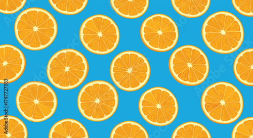 A repeating pattern of bright orange citrus fruit slices on a vibrant blue background.