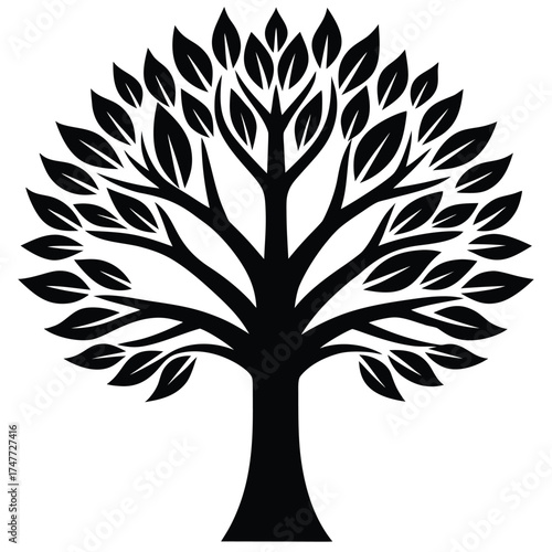 Isolated vector tree silhouette with root and branch design symbolizes nature and season's changing leaves as a black art element