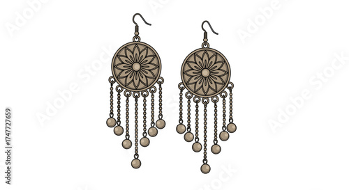 Antique style ornate circular dangle earrings with detailed filigree and dangling beads.