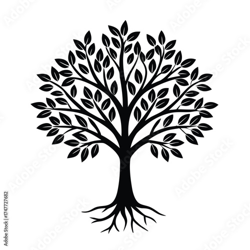 A detailed vector tree silhouette with roots, branches, and leaves symbolizes nature, growth, and the changing season