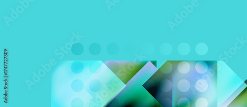 Abstract background features overlapping shapes, circles, squares. Turquoise hues dominate design, creating modern aesthetic.