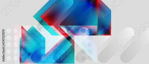 Abstract geometric shapes overlap, creating vibrant blue, red hues. Soft gradients, white dots add depth, modern feel.