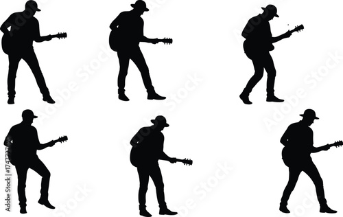 Male guitarist silhouette playing acoustic guitar, music performance art, musician on stage vector, concert artist illustration, rock and country theme
