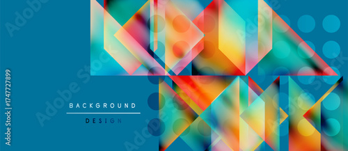Abstract geometric shapes overlap, creating vibrant colorful design. Blue background provides contrast, modern aesthetic.