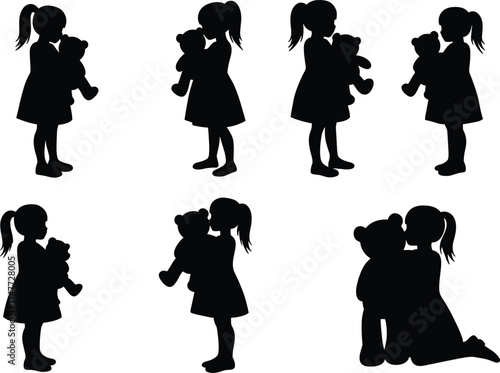 Silhouette of little girl holding teddy bear, childhood love, innocence, friendship, emotional bond, cute child illustration, kids affection moment