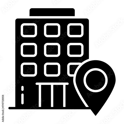 Pin with building denoting concept of hotel location icon 