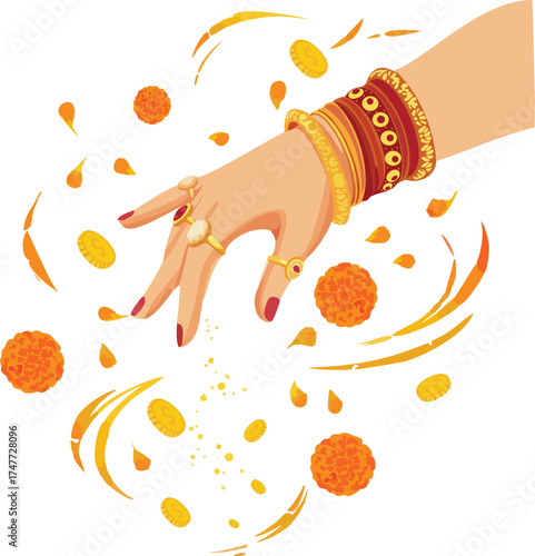 Illustration of Dhanteras Woman's Hand with Bangles dropping coins