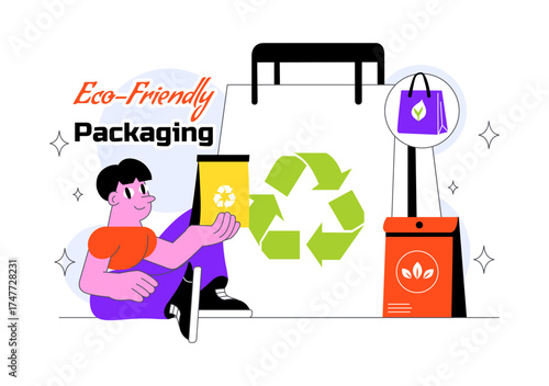 Eco Friendly Packaging Design Vector Illustration Featuring Sustainable Takeaway Paper Package with Botanical and Recyclable Biodegradable Materials