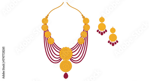 A luxurious gold necklace and earring set adorned with rich red gemstones.