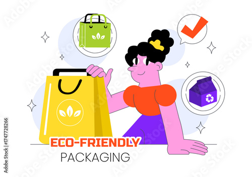 Eco Friendly Packaging Design Vector Illustration Featuring Sustainable Takeaway Paper Package with Botanical and Recyclable Biodegradable Materials