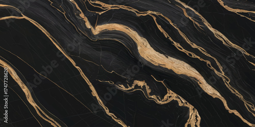 Luxurious Black Marble with Golden Veins Texture.