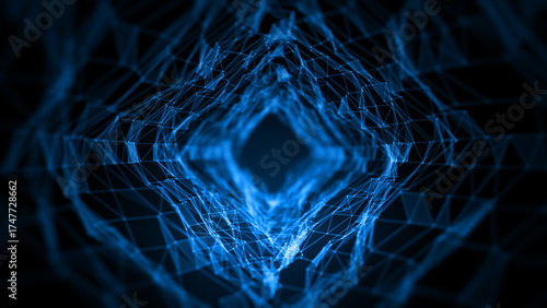 Abstract 3D Blue Network Connections in Futuristic Digital Tunnel Structure. 3D Rendering