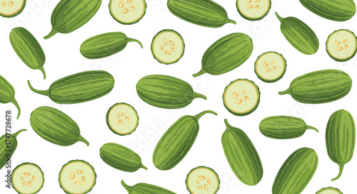Fresh green cucumbers and slices scattered on a white background.