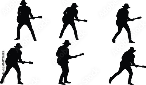 Male guitarist silhouette playing electric guitar on stage, rock musician performing concert art, music performance vector, rock star illustration