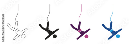 Bungee jump icon set, extreme sport. Bungy jumper falling down. Adrenaline recreation. Risky leap with rope, vector illustration.