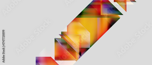 Abstract geometric composition. Bright colors blend, creating dynamic diagonal shape against gray background. Modern design element.