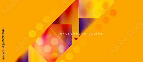 Bright orange background features abstract geometric shapes, gradients, dots. Modern design element for digital projects.