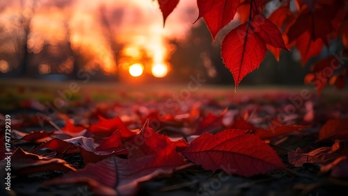 Intricate detail of vibrant red and green autumn leaves, close-up texture, foliage, vibrant colors