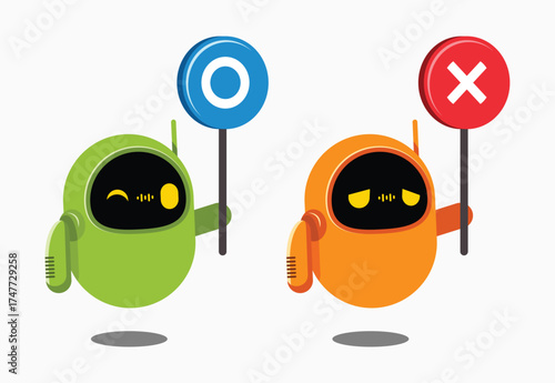 Illustration of a robots lifting a true or false sign.