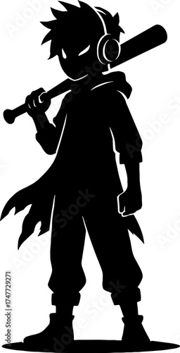 back and white Anime boy with headphones and baseball bat - street rebel silhouette vector with white background 