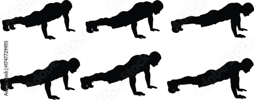 Silhouette of man doing push-ups, bodyweight exercise, fitness workout, gym training, muscle strength exercise, healthy lifestyle, home fitness illustration