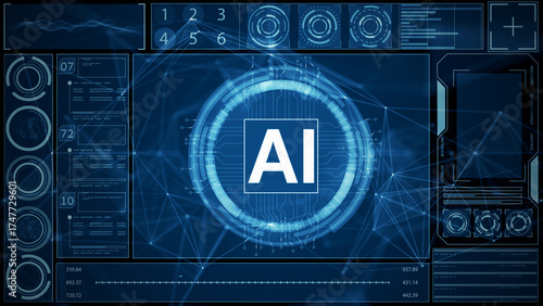Futuristic Artificial Intelligence Interface with Digital Data and HUD Elements in Blue Tones. 3D Rendering