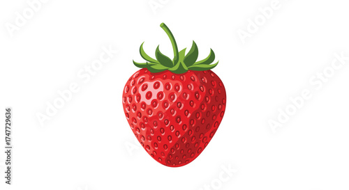 A close up image of a bright red ripe strawberry with green leaves and stem.