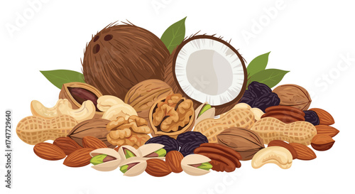 A delicious assortment of healthy raw nuts and dried fruits for snacking