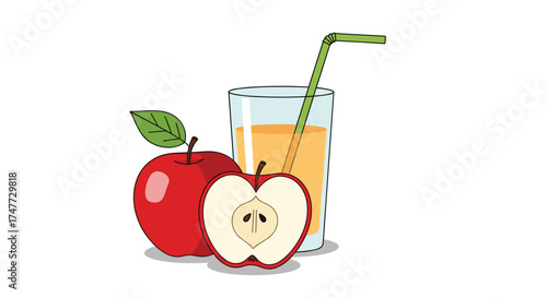 Freshly squeezed apple juice in a tall glass with a straw next to a whole red apple and a half apple.